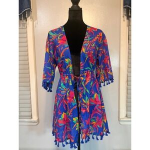 J.Crew XS Blue Tropical Boho Tassel Bathing Suit Cover Up Dress